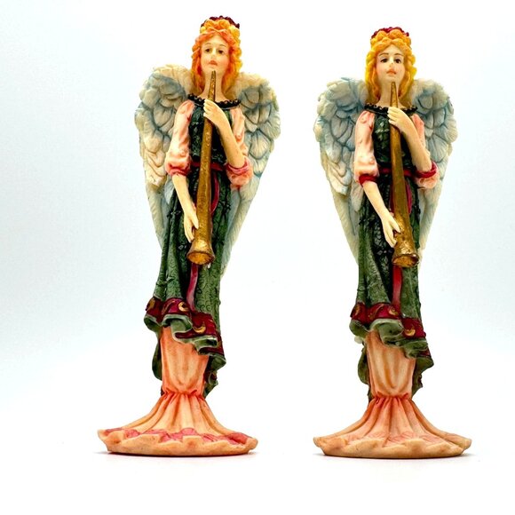 Vtg Ganz Renaissance Angel Figurines Trumpets 5"Resin Christmas Ornaments